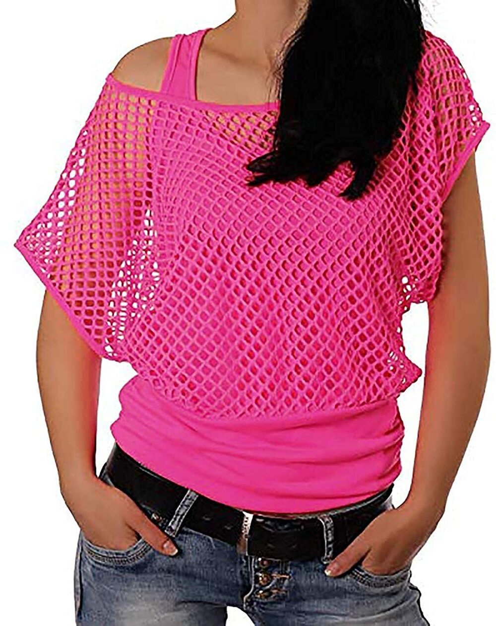 1324 Casual Sexy 80s Costumes Fishnet Neon Off Shoulder T-Shirt Hot Pink L